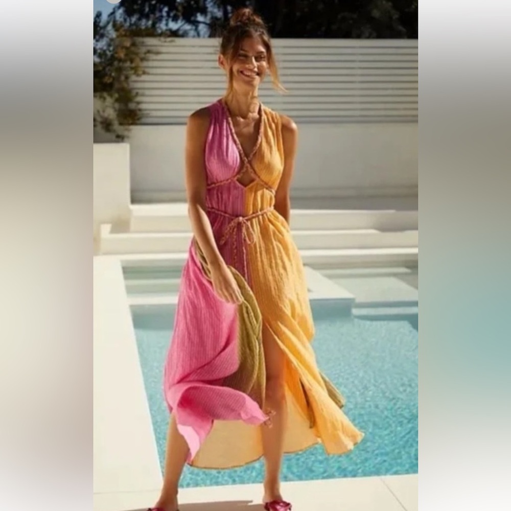 Anthropologie color block maxi dress with gold flecks and braided rope accent.